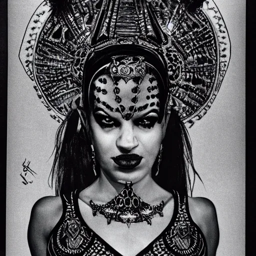 Prompt: Akasha, Queen of the Damned, full face frontal centred, very detailed, portrait, high contrast, menacing, powerful, filmic, shallow focus, night time