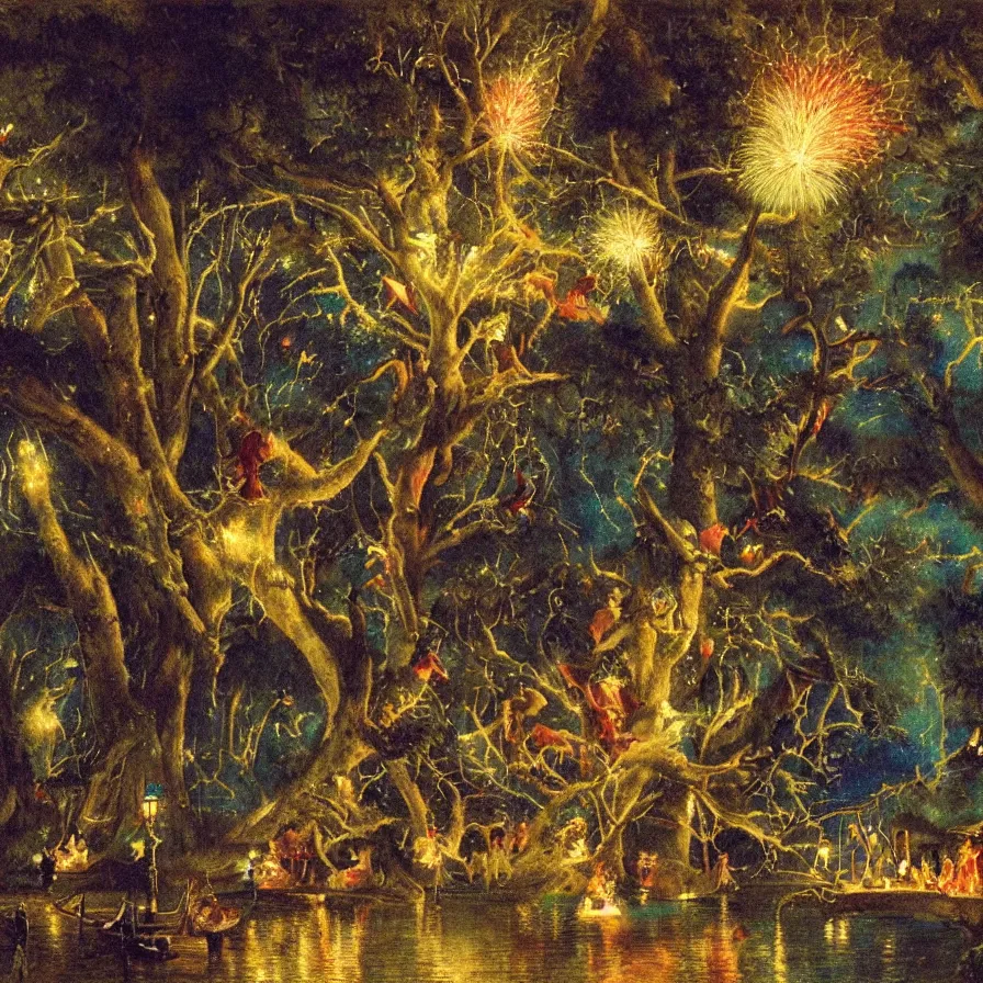 Prompt: closeup of a night carnival around a magical in a summer storm, tree cavity with a music scenario with many fireworks and christmas lights, next to a lake with iridiscent lake water, volumetric lightning, folklore people disguised with fantastic creatures in a magical forest by summer night, masterpiece painted by william russell flint, scene by dark night environment, refraction lights