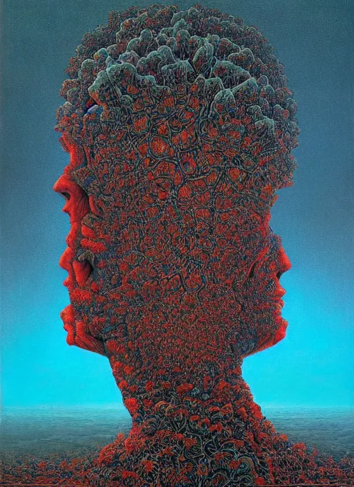 Prompt: dramatic portrait painting of human with black mandelbrot fractal instead of face, in style of zdzisław beksinski,