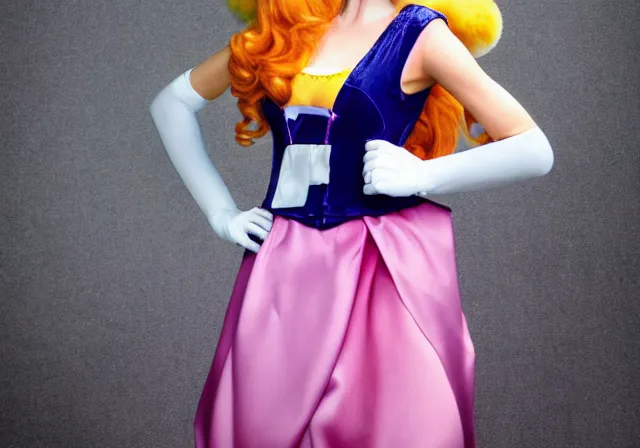 Prompt: a professional fashion model photo of Princess Peach from super mario.