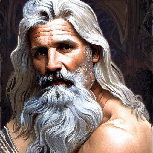 Image similar to painted portrait of rugged zeus, greek god, 4 0 years old, handsome, white hair, soft hair, upper body, muscular, hairy torso, fantasy, intricate, elegant, highly detailed, digital painting, artstation, concept art, smooth, sharp focus, illustration, art by alphonse mucha