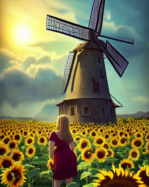 Prompt: epic portrait cinematic shot an windmill standing in a sunflower field, sunny day, village in the backround, carriage, fine details. night setting. realistic shaded lighting poster by craig mullism, artgerm, jeremy lipkin and michael garmash, unreal engine, radiant light, detailed and intricate environment, digital art, trending on art station,