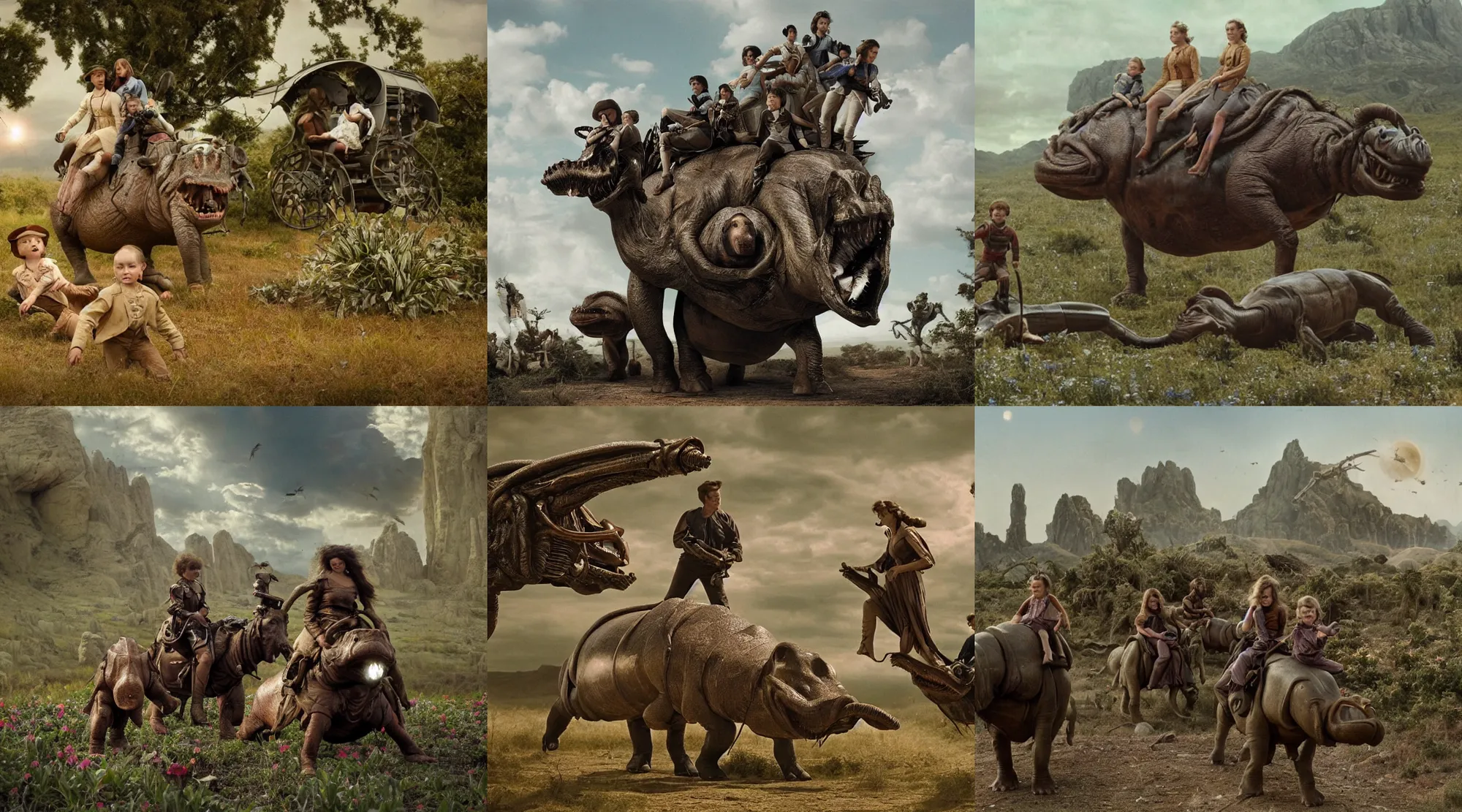 Prompt: 35mm still from a sci fi blockbuster movie made in 2022, set in 1860, of a family riding on the back of alien hippos, on an alien planet, across an alien landscape that is full of strange wild alien plants and flowers, the family are wearing 1850s era clothes, cinematic lighting, 4k, in focus faces, good quality lighting, good quality photography, oscar winner