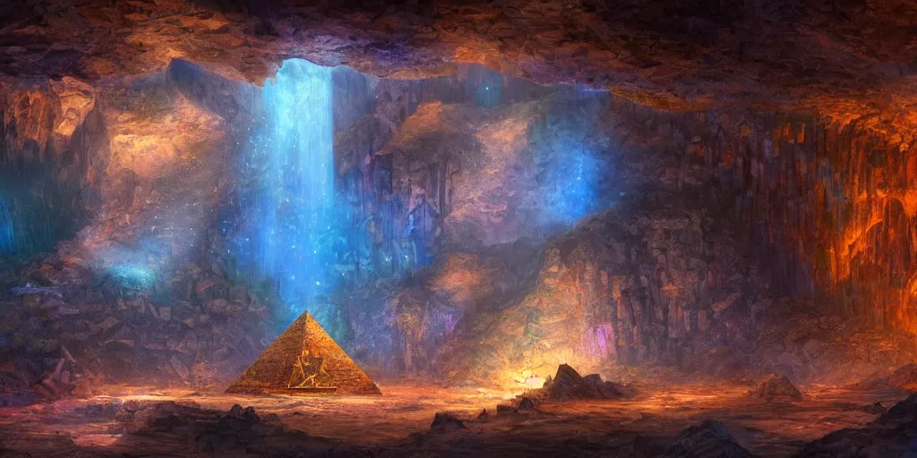 Prompt: bismuth pyramid in a cavern, establishing shot, epic lighting, fantasy, concept art, trending on artstation, dreamscape