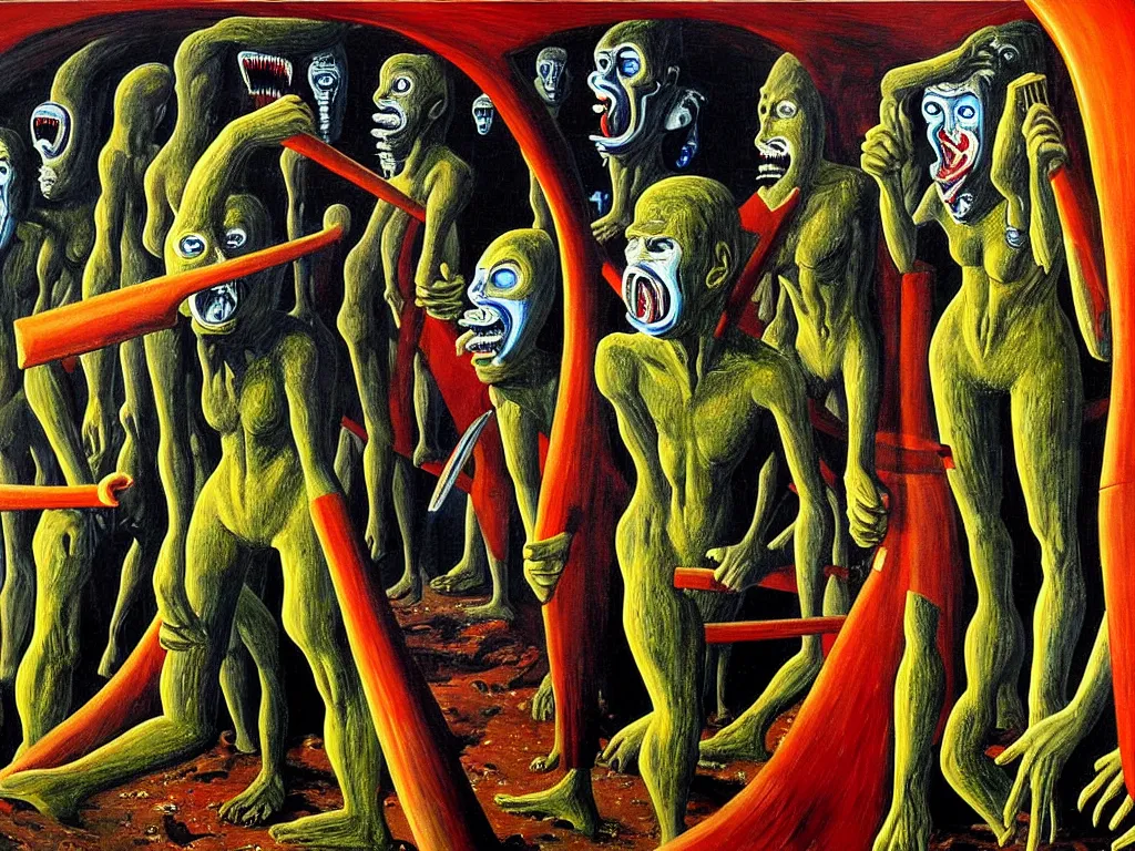 Image similar to a painting of a human of a big mouth turns into a cave with strange bearded beings with scythes, 4 k, art by max ernst