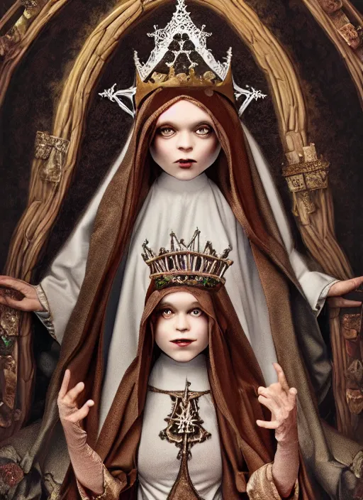 Image similar to highly detailed closeup portrait of a goth fairytale nun princess wearing a crown and sitting on a throne, surrounded by medieval goblins, unreal engine, nicoletta ceccoli, mark ryden, earl norem, lostfish, global illumination, god rays, detailed and intricate environment