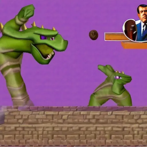 Prompt: President Nixon hiding from Vietcong in Spyro the Dragon ps1 level