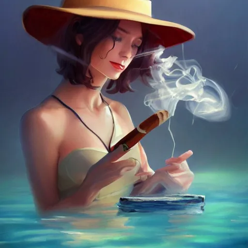 Image similar to a painting of smoking a cuban cigar while a fedora sitting in a secret underwater base by Krenz Cushart, high detail, concept art, artstation, 8k