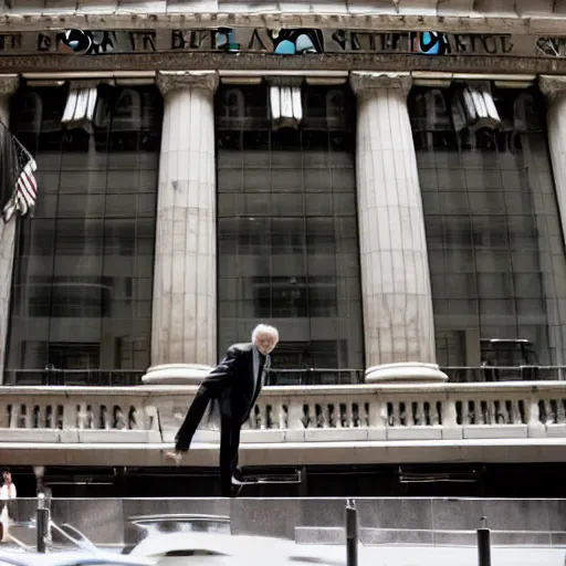 Prompt: warren buffet as a spider standing outside wall street stock exchange, reality, realistic, detailed, 8 k, award winning, wide shot,