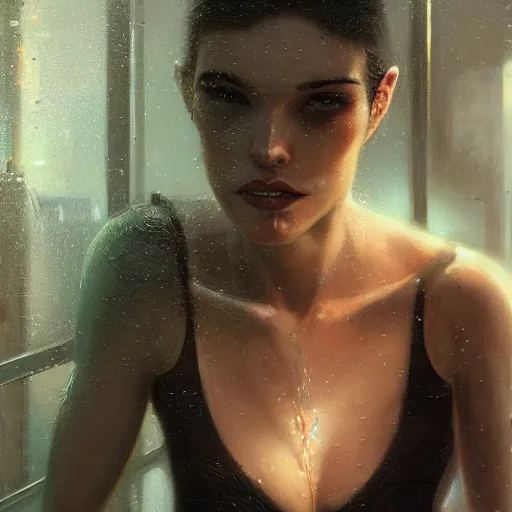 Image similar to detailed portrait of a biomechanical woman, moment, cyberpunk cloisters, electronic billboards, tech noir, wet reflections, atmospheric, ambient, livia prima, greg rutkowski, edward hopper, pj crook