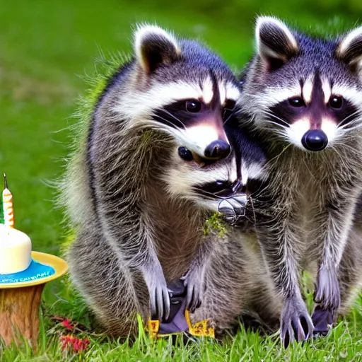 Image similar to three racoons having a cool birthday party, photo, highly detailed