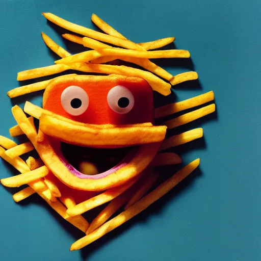 Image similar to real color photograph of grimace violently eating French fries