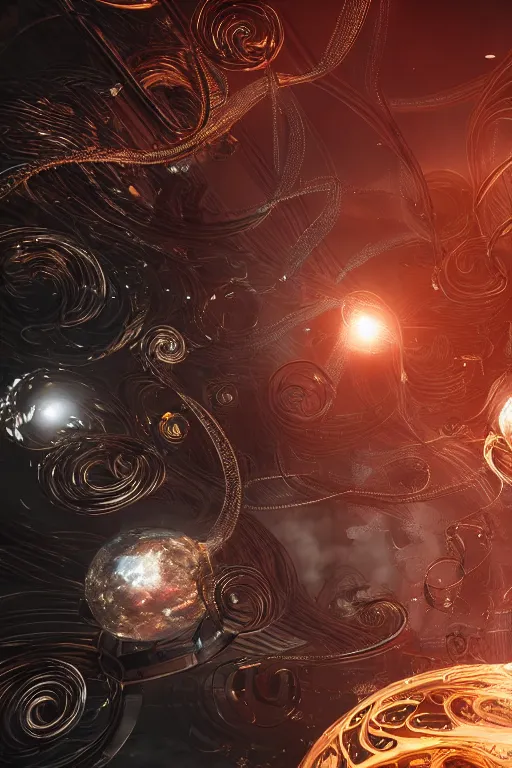 Image similar to swirling abstract cyborg parts and ornate flowing smoke streams and smooth particle effects surround a small metallic sphere, unreal engine