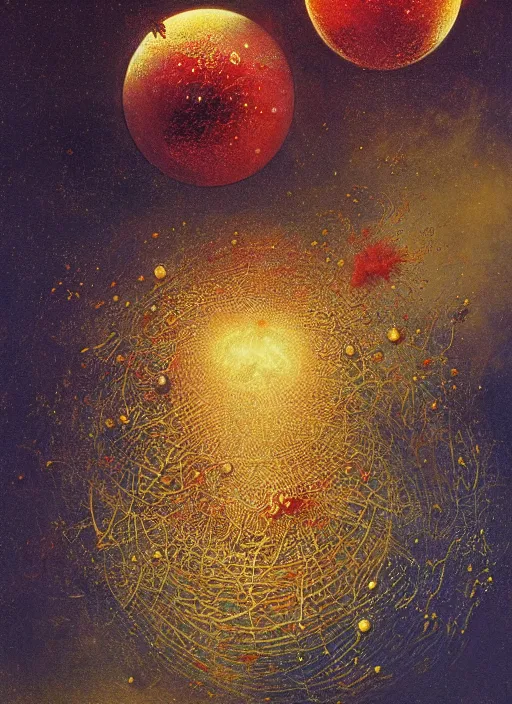 Prompt: spheres being covered by extremely detailed splatters of abstract gold paint, planets and moons engulfed in flames in the style of, pascal blanche, surreal, beksinski, high detailed