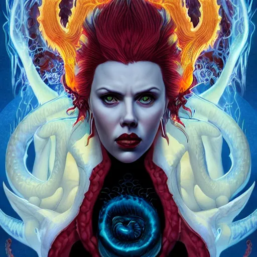 Prompt: ghotic demonic female demon satan hell portrait of scarlett johansson as queen of hell and queen of dragons, fire and flame, big long hell serpent dragon, octopus, Pixar style, by Tristan Eaton Stanley Artgerm and Tom Bagshaw.