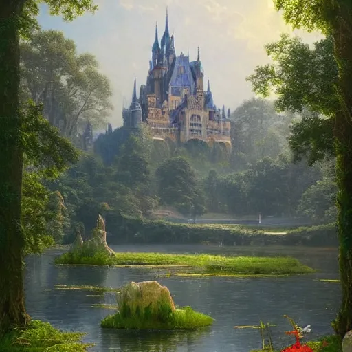 Prompt: beautiful illustration of a big castle in a serene landscape and a beautiful lake, green grass and trees, blue sky, by albert bierstadt, highly detailed, crystal lighting, mystical, forest, hyperrealistic, 4 k, unreal engine, magical, by joe fenton, by greg rutkowski, by greg tocchini, by kaws, by kate beaton, by kaethe butcher