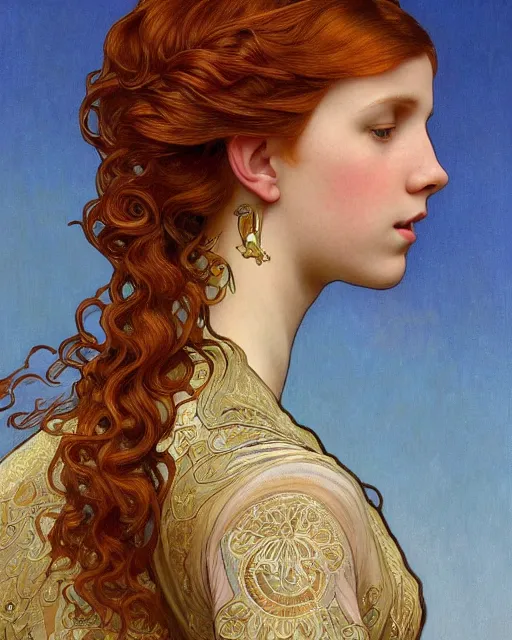 Image similar to intricate art nouveau oil painting of redheaded young millie bobby brown with long hair blowing in the wind, wearing an intricate gold lace dress, highly detailed, intricate, elegant, digital painting, smooth, sharp focus, illustration, ultra realistic, 8 k, by bouguereau, alphonse mucha, artgerm, and donato giancola