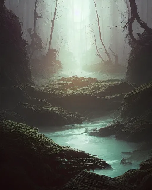 Prompt: professional ominous concept art portrait of a winding river by artgerm and greg rutkowski. an intricate, elegant, highly detailed digital painting, concept art, smooth, sharp focus, illustration, in the style of simon stalenhag, wayne barlowe, and igor kieryluk.