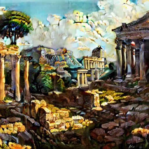 Prompt: highly detailed painting of an idyllic ancient roman city landscape, dramatic, sense of scale, stephen bliss, unreal engine, greg rutkowski, ilya kuvshinov, ross draws, hyung tae and frank frazetta, tom bagshaw, tom whalen, nicoletta ceccoli, mark ryden, earl norem, global illumination, god rays, beautiful