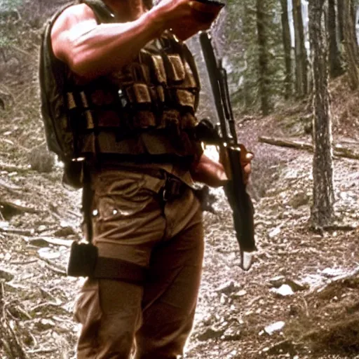 Image similar to A still of Garfield as Rambo in Rambo First Blood (1982)