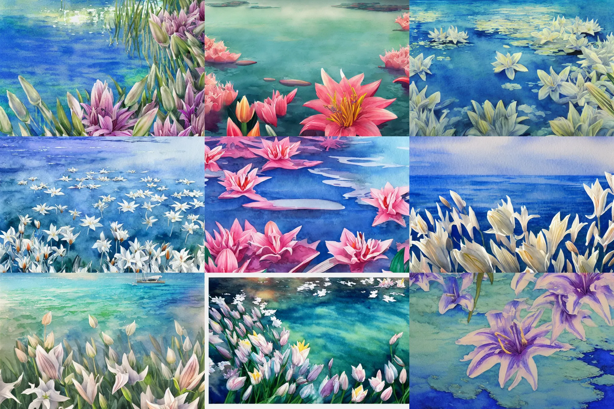 Prompt: Ocean covered in lilies, high quality watercolors, award winning, trending on ArtStation