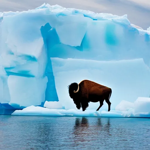 Image similar to photo of a bison on an iceberg in the ocean with peppermint candy sticking out of the sides of the iceberg, 5 0 mm, beautiful photo