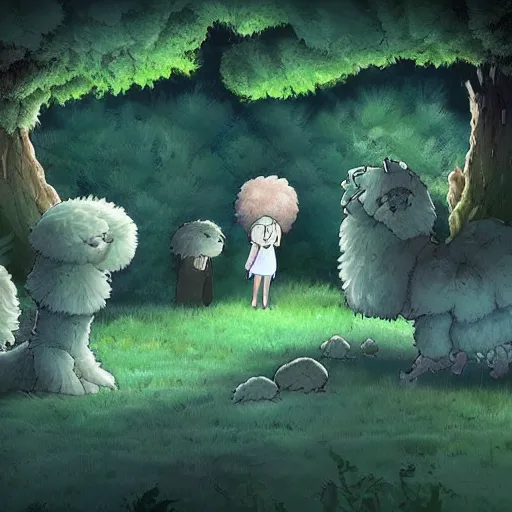 Prompt: fluffy alpaca contagion multiverse scifi ghibli style in a forest claiming the forest for their own