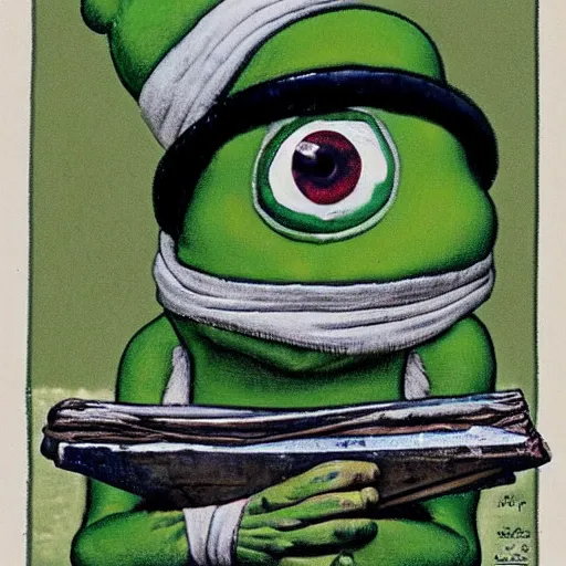 Prompt: pepe the frog home from vacation by norman rockwell