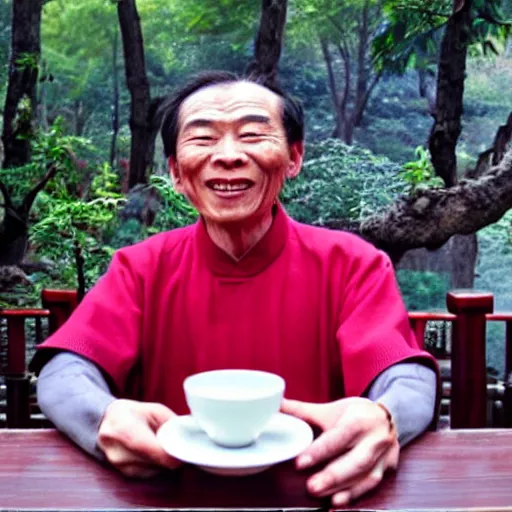 Image similar to zhuangzi drinking chinese tea in a chinese tea house, smiling, introspective, deep mystical knowledge