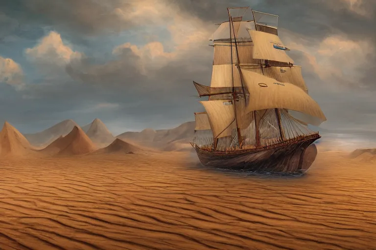 Prompt: clipper ship sailing through a sand desert, surrounded by sand, sand, desert, illustration, fantasy novel cover art