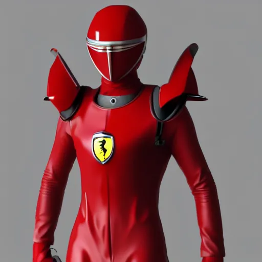 Image similar to Tokusatsu character based on Ferrari, red mechanical skinny body, chest plate with Ferrari logo, stylized motorcycle helmet, full body, unreal engine, 3D model