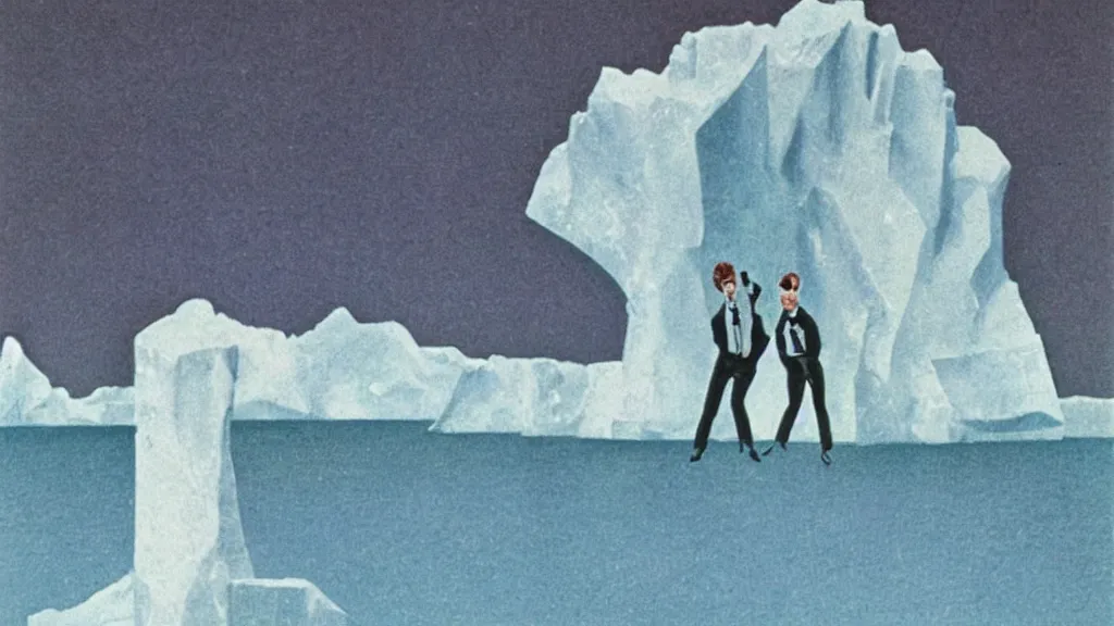 Image similar to A vintage scientific illustration from the 1970s of a choreography for people are frozen in an iceberg René Magritte