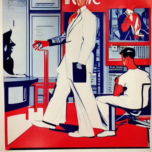 Prompt: man in futurist lab, 6 0 s ´ s design, leyendecker style, red and white walls