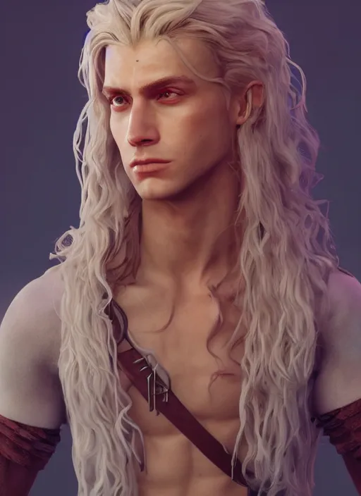 Prompt: An epic fantasy comic book style portrait painting of a pale androgynous prince Lucius with long fluffy curly blond hair and delicate sharp glass angled features, unreal 5, DAZ, hyperrealistic, octane render, cosplay, RPG portrait, dynamic lighting