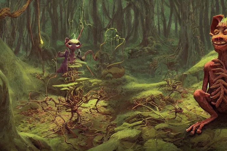 Image similar to a goblin shaman meditating in amossy tangled forest by Shaun Tan and Moebius, trending on artstation