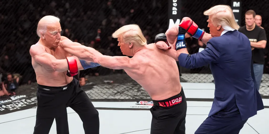 Prompt: a professional photo of donald trump fighting joe biden in mma, extremely high fidelity. key light.