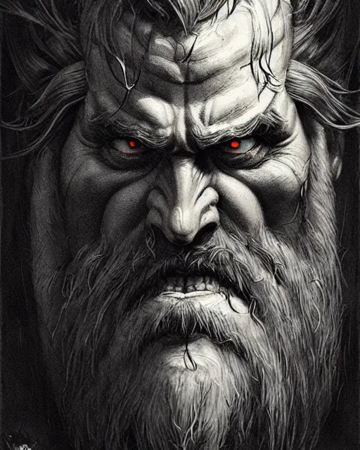 Image similar to reinhardt from overwatch, beard, character portrait, portrait, close up, concept art, intricate details, highly detailed, horror poster, horror, vintage horror art, realistic, terrifying, in the style of michael whelan, beksinski, and gustave dore