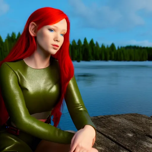 Prompt: beautiful female redhead elf warrior wearing olive green leather, sitting next to a beautiful lake at sunset, enjoying the wind, looking at the water. 8 k ultra realistic, award winning, unreal engine 5, masterpiece, atmosphere glow, hyperrealistic, focused, extreme details, cinematic