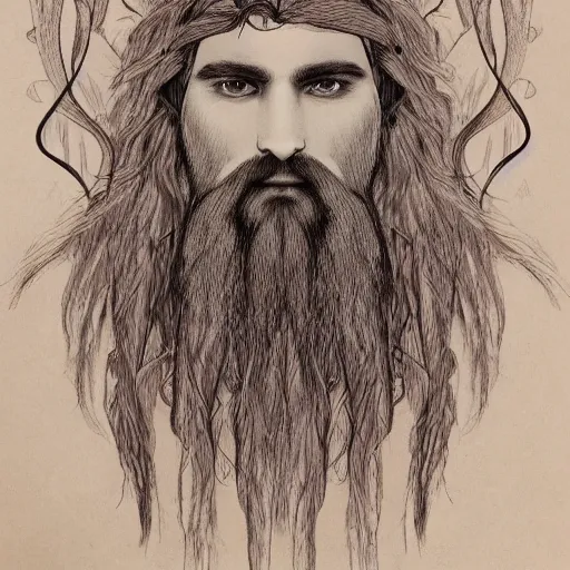 Image similar to huge male druid gray face pointy ears long beard with vines as hair hibiscus flowers detailed drawing