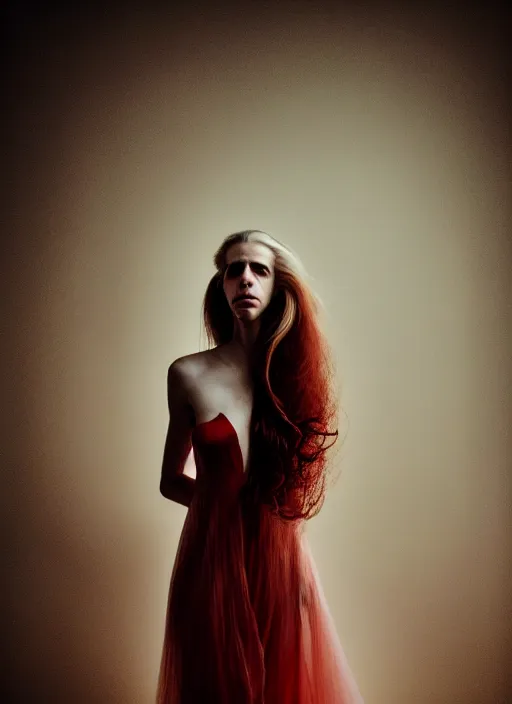 Image similar to portrait photography of a beautiful woman, in fine art photography style of Lindsay Adler- Giovanni Gastel, brit marling style 2/4 , natural color skin pointed in rose, long red hair with an intricate hairstyle, full body dressed with a ethereal transparent voile dress, elegrant, 8K, soft focus, melanchonic soft light, volumetric dramatic lighting, highly detailed Realistic, hyper Refined, Highly Detailed, natural point rose', outdoor sea and storm soft lighting, soft dramatic lighting colors scheme, soft blur lighting, fine art fashion photography