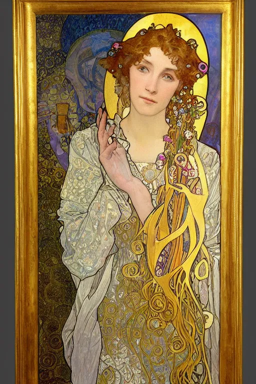 Image similar to a full body portrait of the annunciation oil painting cross between the styles of alphonse mucha and gustav klimt gold leaf, intricate detailed,