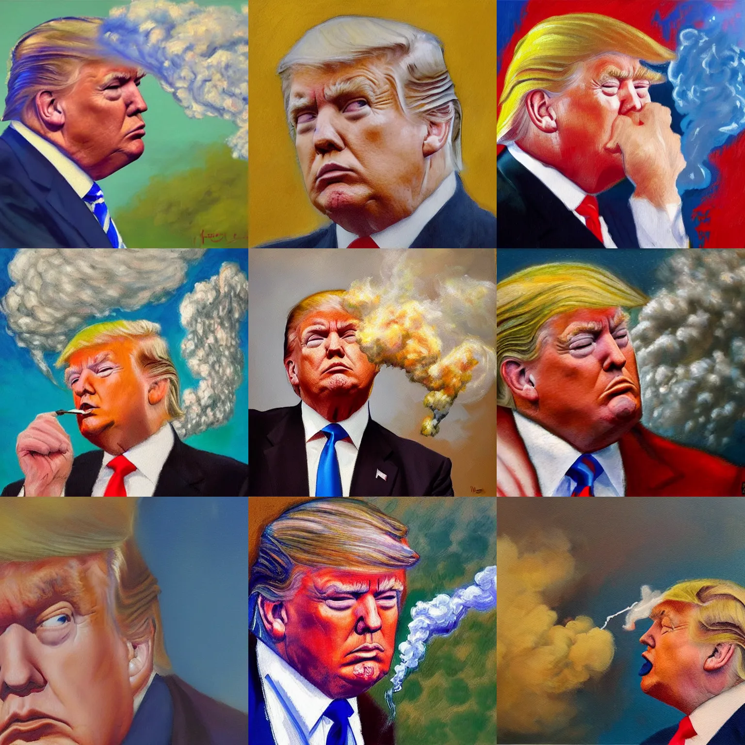 Prompt: An impressionist oil painting of Donald Trump thinking so hard that smoke is coming out of the head