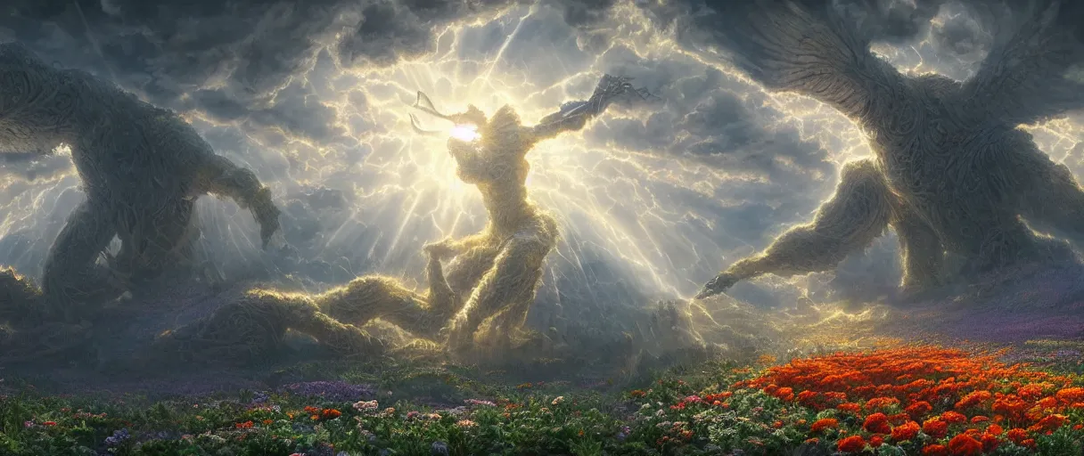 Image similar to A terrifying giant monster made of flowers, beautiful atmosphere, god rays, masterpiece digital painting by Alex Grey, Greg Rutkowski, 4k wallpaper