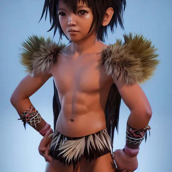 Image similar to 3 d render of a cute young tribal anime boy in a loincloth, body paint, white skin, lithe, fantasy artwork, fluffy hair, award winning, hyper detailed, very very very beautiful, studio lighting, artstation, unreal engine, unreal 5, 4 k, octane renderer