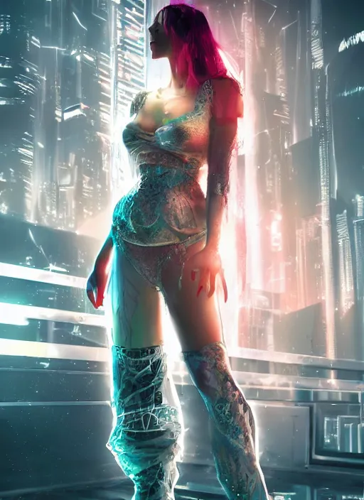 Image similar to cyberpunk bride, elegent, magic background, dynamic lighting, character concept, gaudy colors, octane render aesethic, radiant lighting, hd