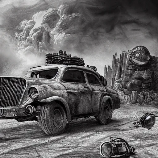 Image similar to Minion, George Miller, Photorealistic, Hyper detailed, desert, post apocalyptic, fire, dust, black and white