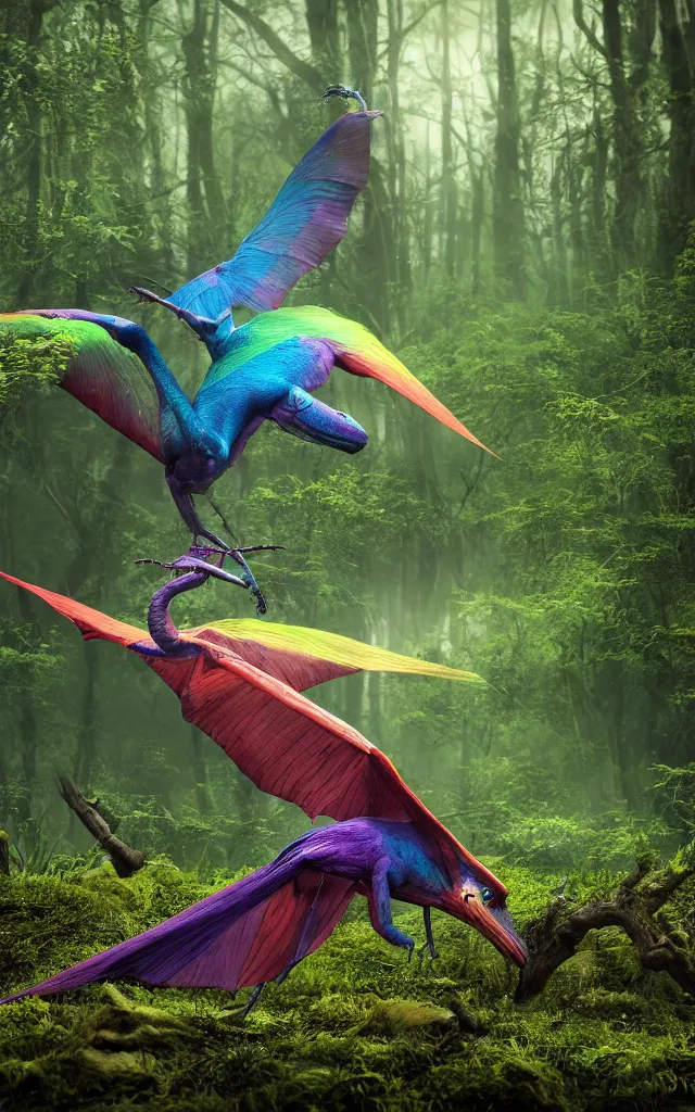 Image similar to iridiscent rainbow dim pterodactyl hunting an insect in a deep swamp, moss and mud, photography, 3d octane render