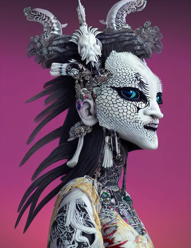 Image similar to 3 d goddess close - up profile simple portrait punk with mohawk with ram skull. beautiful intricately detailed japanese crow kitsune mask and clasical japanese kimono. betta fish, jellyfish phoenix, bio luminescent, plasma, ice, water, wind, creature, artwork by tooth wu and wlop and beeple and greg rutkowski