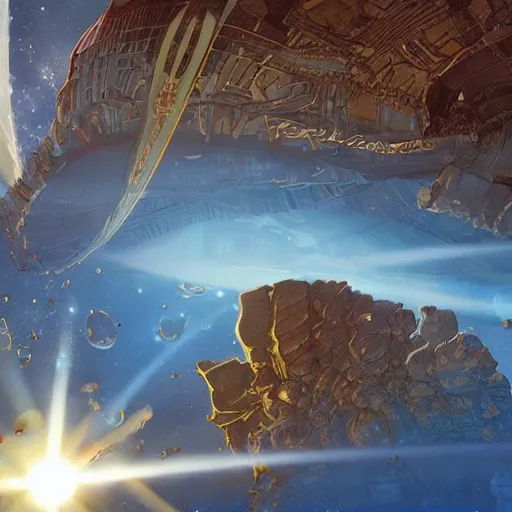 Image similar to dyson sphere in space, radiant core shining through, horizontal sun rays, intricate abstract, symmetry, unreal engine tech demo, golden hour, scifi, ( ( ( by robert mccall ) ) ) ( studio ghibli )