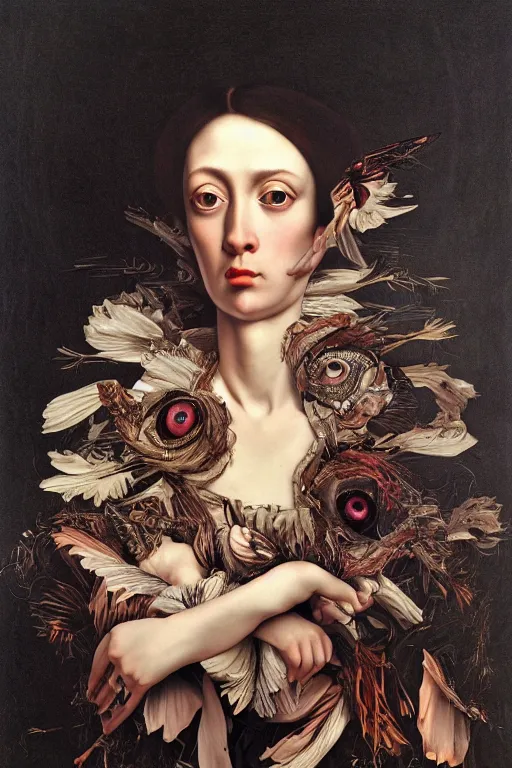 Image similar to Detailed maximalist portrait with large lips and wide eyes, sad expression, extra hands, HD mixed media, 3D collage, highly detailed and intricate, surreal, illustration in the style of Caravaggio, dark art, baroque